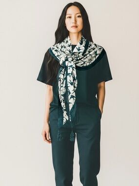 Bird Print Teal and Cream Tassel Wrap Scarf - LOFT